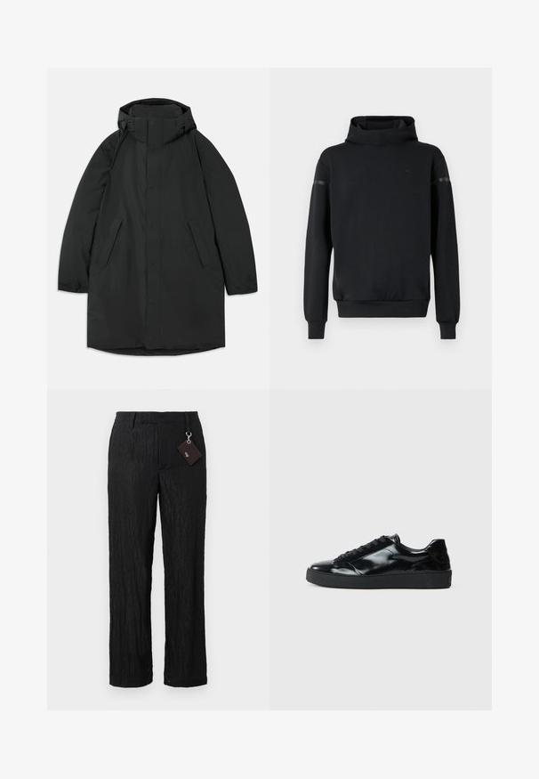 Schwarzer langer Mantel aus wasserabweisendem Stoff, mit hohem Kragen, Druckknöpfen, zwei seitlichen Taschen und einem lässigen Schnitt.; Schwarzer Hoodie mit hohem Kragen, langen Ärmeln und lockerem Schnitt. Verfügt über ein dezentes Logo und eine glatte Textur mit leichtem Glanz an den Schulterakzenten.; Schwarze, strukturierte, weit geschnittene Hose mit glatter Oberfläche und sichtbaren Nähten; inklusive eines Schildes, das mit einem silbernen Hardware-Loop befestigt ist.; Schwarze Lackledersneaker mit runder Zehenform, Schnürdesign, strukturiertem Gummisohle und glatter Oberfläche.