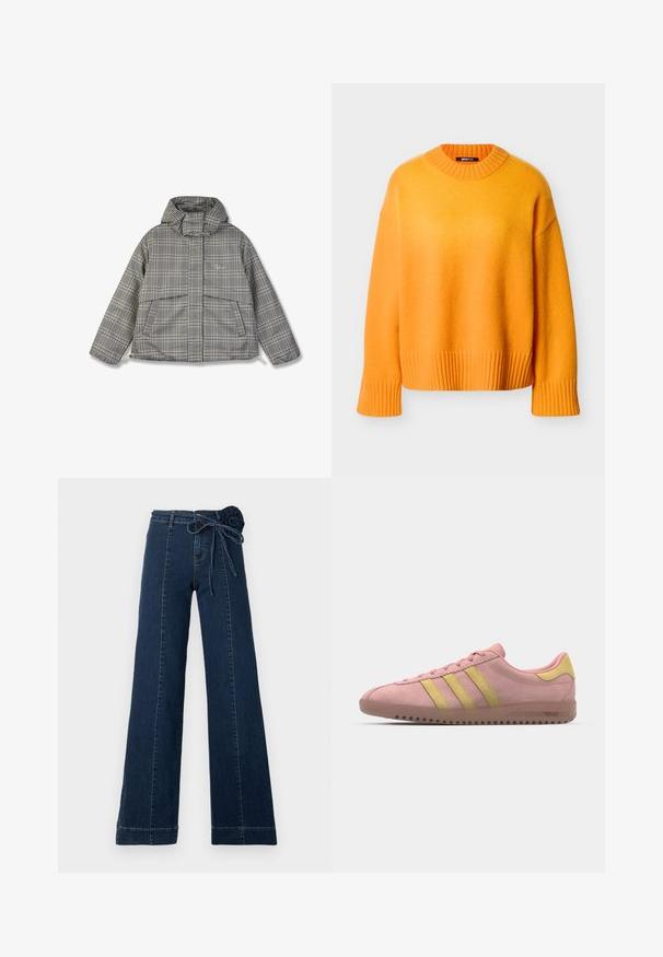 Vaatteena on pehmustettu takki, jossa on mustavalkoinen ruutukuosi. Takissa on korkea kaulus, huppu ja kaksi etutaskua. Kankaan pinta on frisyyriä.; Oranssi ylikokoinen neulepaita, jossa on ribbineulottu pääntie ja hihansuut, pehmeä rakenne, rento istuvuus, minimisaumat ja suora helma.; Tummansiniset leveälahkeiset farkut, joissa koristeena kangasruusu vyötäröllä ja solmittava nauha. Saumakirjailua lahkeiden pituudella.; Vaaleanpunaiset mokkanahkakengät, joissa on kolme keltaista raitaa, pyöristetty kärki ja teksturoitu kumipohja. Matalan profiilin muotoilu pehmustetulla kauluksella.