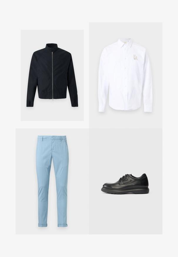Veste noire à manches longues avec col montant, fermeture éclair à l'avant, fermeture à boutons-pression, poignets et ourlet élastiques, et deux poches latérales.; Chemise blanche à manches longues avec col pointu et petit logo "EA" brodé sur le côté gauche de la poitrine.; Pantalon bleu clair ajusté avec passants de ceinture, poches latérales et revers roulés sur fond blanc.; Chaussure de ville pour homme en cuir noir avec lacets, semelle épaisse et patch de marque sur le côté, présentée en profil sur fond neutre.