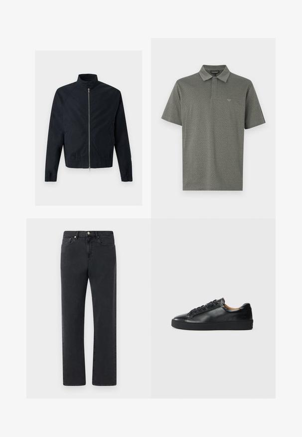 Schwarze langärmlige Jacke mit hohem Kragen, Frontreißverschluss, Druckknopfverschluss, elastischen Bündchen und Saum sowie zwei Seitentaschen.; Kurzärmeliges Poloshirt in Dunkelgrün mit strukturiertem geometrischem Muster, Kragen und dezentem, auf der Brust gesticktem Logo.; Schwarze Jeans aus Denim mit geradem Bein, fünf Taschen und Metallelementen. Der Stoff hat eine glatte, leicht strukturierte Oberfläche.; Schwarze Leder-Sneaker mit glatter Textur, runder Zehenpartie und Schnürverschluss. Verfügt über eine dicke Gummisohle und minimalistische Marken-Details.