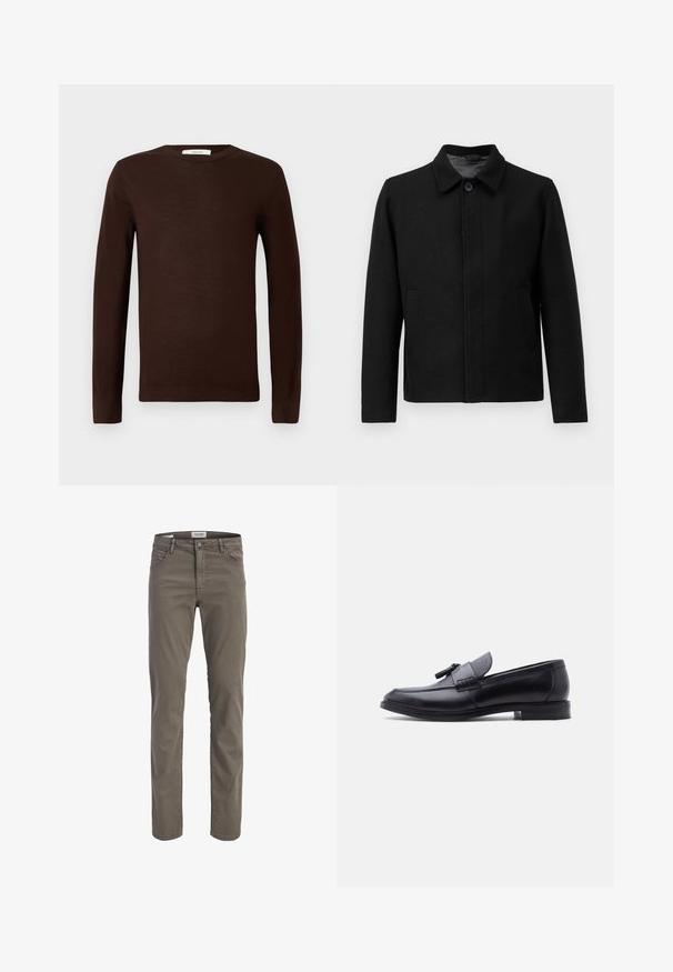 Veste noire avec une fermeture à boutons, col structuré, deux poches latérales et tissu texturé. Design simple et droit.; Pull à col rond à manches longues de couleur brun foncé avec des poignets et un ourlet côtelés, présenté sur un fond blanc uni.; Pantalon marron à coupe droite avec bouton à l’avant, fermeture éclair et poches avant et arrière sur un fond clair uni.; Mocassin en cuir noir avec panneau en tissu gris texturé et détail à pampilles, talon bas et bout arrondi, vu de côté sur fond blanc.