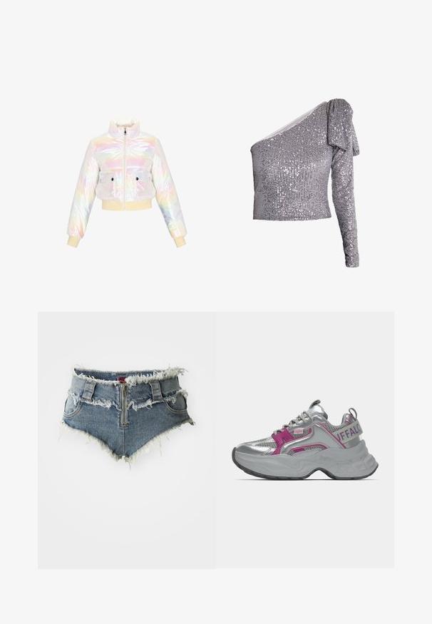 Iridescente verkürzte Pufferjacke mit hohem Kragen, durchgehendem Reißverschluss, zwei vorderen Taschen und gerippten Bündchen und Saum in pastellfarbenen Tönen.; Silberne One-Shoulder-Bluse mit strukturierten Pailletten, tailliertem Design und Rüschendetails an den Ärmeln. Glatte Stoffoberfläche mit schimmerndem Finish.; Denim-Shorts mit fransigem Saum, hoher Taille, Reißverschluss vorne und zwei vorderen Taschen. Das Material ist ein verblasstes blaues Denim mit abgenutzten Details.; Robuster silberner Sneaker mit pinken Akzenten, Mesh-Einsätzen, dicker Sohle und "Buffalo"-Branding auf dem Fersenriemen und an der Seite.