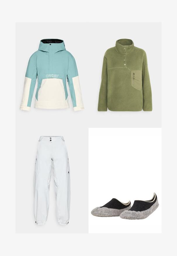 Φωτεινό μπλε και λευκή σκι jacket με κουκούλα, διαθέτοντας μπροστινή τσέπη, φερμουάρ πλάγια αερισμού και πάνελ αντίθεσης χρώματος. Λογότυπο στο στήθος.; Ελιάς πράσινος φλιντζανωτός ψηλός πλέκτης με τριών κουμπιών και τσέπη στο στήθος με φερμουάρ. Μαλακή υφή με αντίθετες ραφές.; Λευκά, φαρδιά παντελόνια σκι κατασκευασμένα από αδιάβροχο υλικό, με δύο φερμουάρ στις πλαϊνές τσέπες, κλείσιμο με κουμπί και ελαστικές μανσέτες.; Ζευγάρι μαύρα και γκρι μαλακά παντόφλες χωρίς κορδόνια με υφή στις σόλες, σχεδιασμένες για άνεση και ζεστασιά μέσα στο σπίτι.