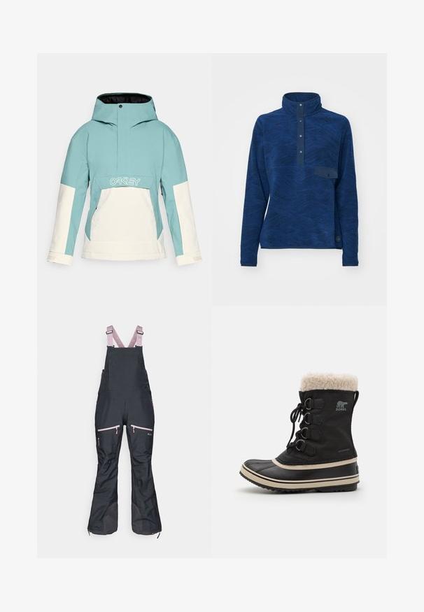 Veste de ski bleu clair et blanche avec une capuche, dotée d'une poche frontale, de ventilations latérales zippées et de panneaux de couleur contrastante. Logo sur la poitrine.; Pull en polaire bleu marine avec un col montant, motif texturé en vagues, patte de boutonnage et une petite poche sur la poitrine. Tissu extensible, manches longues.; Salopettes noires imperméables avec des bretelles réglables roses, dotées de poches zippées et de parties inférieures renforcées pour une durabilité accrue.; Botte imperméable noire avec un col en fausse fourrure, devant à lacets, semelle en caoutchouc, et une bande beige contrastante le long de la semelle. Détails de quincaillerie décoratifs.