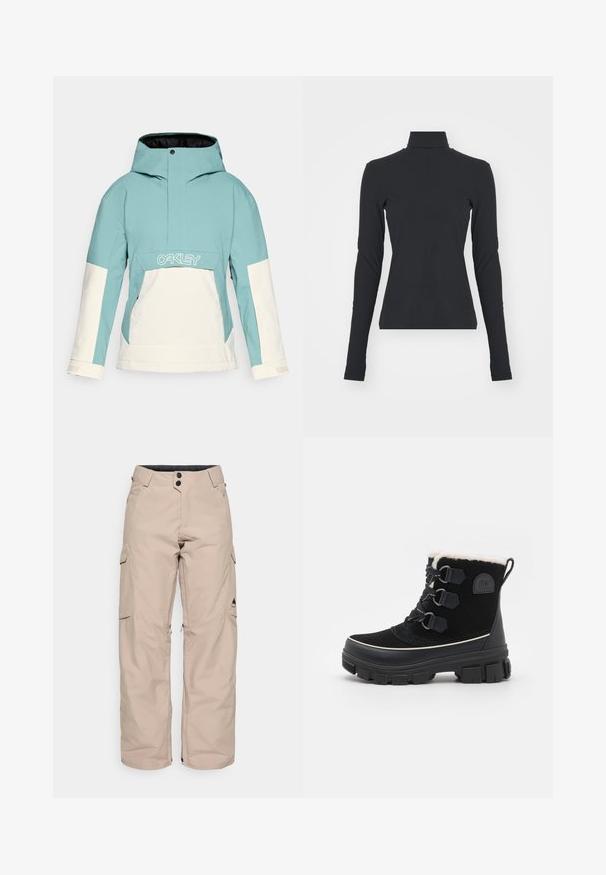Lyseblå og hvid skijakke med hætte, der har en forlommeslomme, lynlåsede sidelufte, og kontrastfarvede paneler. Logo på brystet.; Sort ribbet turtle neck bluse med lange ærmer, tætsiddende pasform, glat tekstur og subtil stræk, designet til komfort og lagdeling.; Beige cargo bukser med en afslappet pasform, lavet af vandafvisende stof. Har to sidelommer, en lynlås i kanten og knaplukning.; Sorte vandtætte støvler med overdel af ruskind, for af kunstpels, tre øjer snøresystem, tyk gummisål og kontrasterende hvid trim.