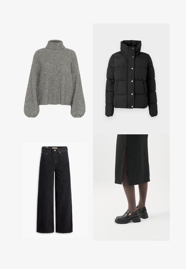 Doudoune matelassée noire avec col montant, manches longues, boutons-pression à l'avant et poches latérales, présentée sur un fond gris clair.; Pull en tricot gris à côtes avec un col montant, des épaules tombantes et des manches volumineuses. Texture douce et longueur cropped.; Jean noir à jambe large en denim, comportant cinq poches, des rivets en laiton et une fermeture à bouton classique. Texture lisse avec un design épuré.; Femme portant des mocassins noirs à talons épais, des collants noirs transparents et une jupe noire fendue à l'arrière sur fond blanc.