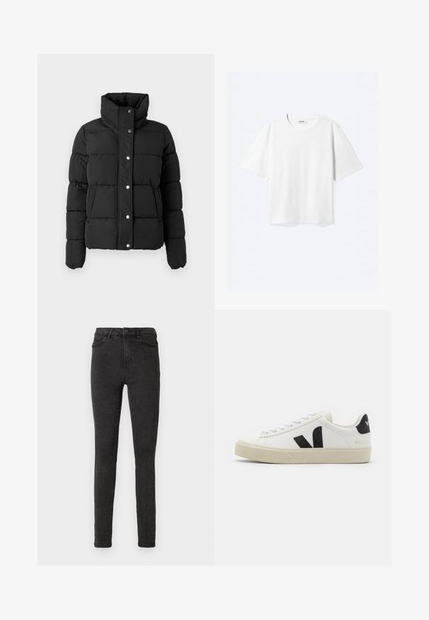 Doudoune matelassée noire avec col montant, manches longues, boutons-pression à l'avant et poches latérales, présentée sur un fond gris clair.; T-shirt blanc à manches courtes avec col rond et ourlet droit, étiquette de marque "WEEKDAY" à l’intérieur de l’encolure.; Jean skinny noir en denim, avec une taille haute, cinq poches et une texture subtile. Lavable en machine avec une braguette à fermeture éclair.; Baskets en cuir blanc avec un logo V en caoutchouc noir. Semelle texturée blanc cassé, lacets blancs et détail sur le talon arrière portant le nom de la marque en noir.