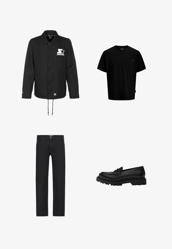 Schwarze Coach-Jacke aus glattem, leichtem Material. Verfügt über Druckknöpfe, einen verstellbaren Saum und ein weißes Logo auf der Brust.; Schwarzes T-Shirt mit kurzen Ärmeln und Rundhalsausschnitt, mit einer Brusttasche und einem kleinen Stoffetikett am oberen Rand der Tasche.; Schwarze gerade Jeans aus Denim mit einem Knopfverschluss am Bund, fünf Taschen und einem minimalistischen Design ohne sichtbare Muster.; Schwarze Lederloafer mit einer robusten, strukturierten Sohle. Verfügt über eine dekorativ gestickte Kante und einen niedrigen Absatz für ein zeitgemäßes Design.