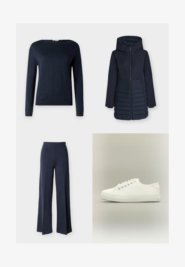 Mørkeblå lang vinterjakke med hætte, frontlynlås og vandret quiltmønster på den nederste halvdel.; Navyblå langærmet sweater med rund hals og ribbede manchetter og kant, vist mod en simpel hvid baggrund.; Marineblå bukser med vide ben og sideslidser, høj talje og glat front, vist mod en hvid baggrund.; Hvid lavtop sneaker med hvide snørebånd og gummisål vist fra siden på en neutral baggrund.