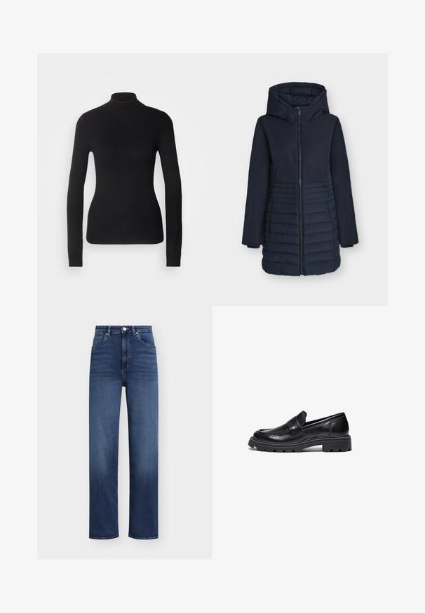 Mørkeblå lang vinterjakke med hætte, frontlynlås og vandret quiltmønster på den nederste halvdel.; Sort turtleneck sweater lavet af let strikket stof. Har lange ærmer, et tætsiddende design og en blød ribbet tekstur.; Mørkeblå denimjeans med højtalje, lige ben og klassisk fem-lomme-design. Har knap- og lynlåslukning.; Sorte læder loafers med rund tå, syede detaljer og en kraftig gummisål med et tekstureret trækmønster.