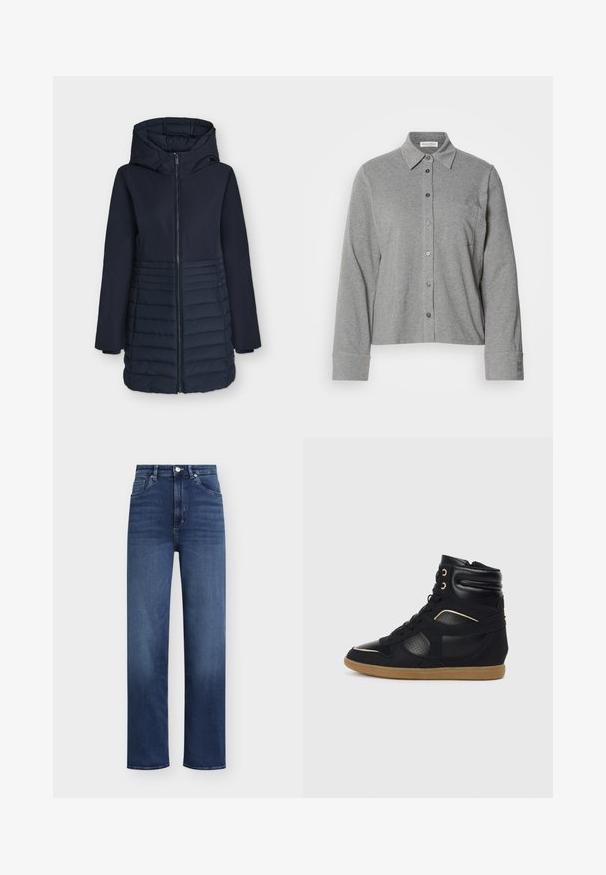Veste d'hiver longue bleu marine avec capuche, fermeture éclair frontale et motif matelassé horizontal sur la moitié inférieure.; Chemise grise à boutons en tissu doux, avec un col, des manches longues, une poche poitrine et un poignet boutonné avec un détail de logo.; Jean en denim bleu foncé avec taille haute, coupe droite et style classique à cinq poches. Doté d'une fermeture à bouton et à glissière.; Baskets montantes noires avec des panneaux en cuir et en daim, détails perforés, semelle en caoutchouc gomme et accents dorés sur les œillets.