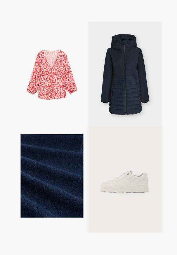 Donkerblauwe lange winterjas met capuchon, ritssluiting aan de voorkant en horizontaal doorgestikt patroon op de onderste helft.; Lichtgewicht blouse met lange mouwen en een V-hals, gemaakt van roze stof en voorzien van een patroon van rode en lichte roze hartvormen overal.; Donkerblauwe denimstof met zichtbare textuur en stiksels langs de rand, weergegeven in zachte plooien.; Witte sneaker met een gladde leren buitenkant, ronde neus, zes oogjes, gevoerde kraag en een gestructureerde rubberen zool. Subtiel merkembleem aan de zijkant.