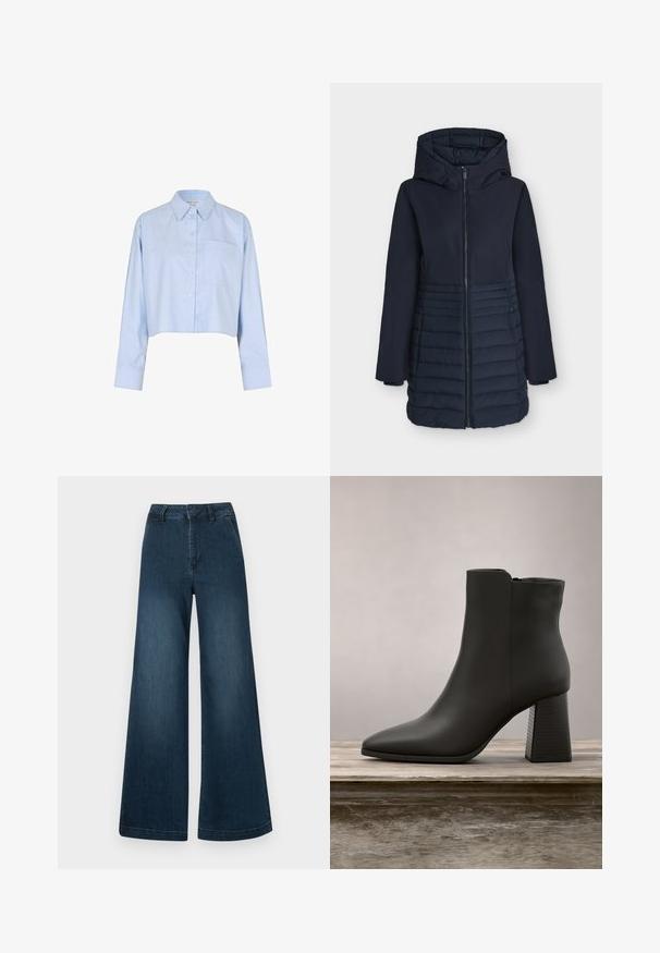 Chaqueta de invierno larga con capucha en azul marino, con cremallera frontal y patrón acolchado horizontal en la mitad inferior.; Camisa cropped de botones en azul claro con mangas largas, cuello de punta y un bolsillo en el pecho.; Jeans de mezclilla de talle alto y pierna ancha en azul oscuro, con bolsillos frontales y trabillas para cinturón, sobre un fondo blanco.; Botín negro de cuero hasta el tobillo con punta afilada y tacón cuadrado, que presenta una sección texturizada negra y una superficie superior lisa.