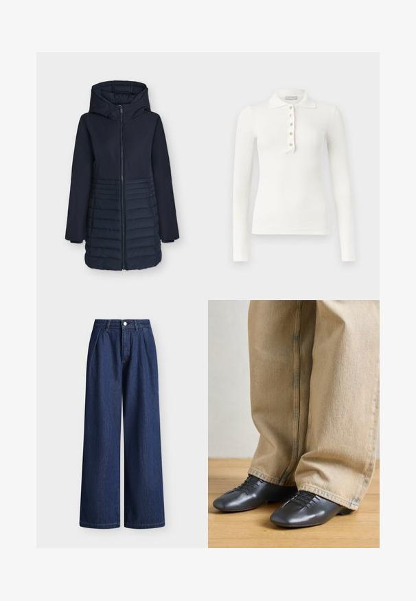 Marineblaue lange Winterjacke mit Kapuze, Frontreißverschluss und horizontalem Steppmuster auf der unteren Hälfte.; Weißes, langärmeliges, geripptes Poloshirt mit fünf Knöpfen und einem umgeschlagenen Kragen vor schlichtem Hintergrund.; Hoch taillierte dunkelblaue Jeans mit weitem Bein, vorderen Falten, Gürtelschlaufen und Knopfverschluss.; Schwarze Lederschuhe mit glatter Textur, niedrigem Profil und Schnürdetails, kombiniert mit lockeren, hellbeigen Denim-Hosen.