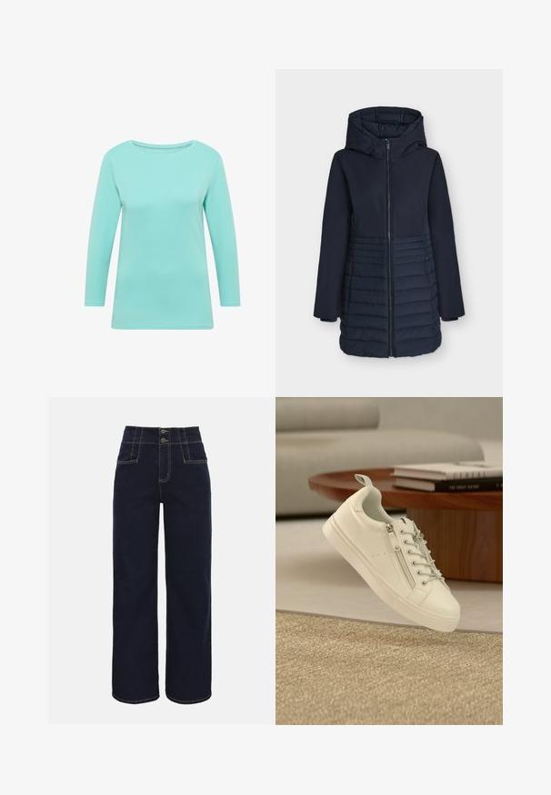 Veste d'hiver longue bleu marine avec capuche, fermeture éclair frontale et motif matelassé horizontal sur la moitié inférieure.; Un haut à manches longues de couleur turquoise clair, fabriqué dans un tissu lisse et extensible, avec un col rond et une coupe décontractée. Aucune motif ou accent visible.; Jean en denim bleu foncé taille haute, jambes larges, deux poches avant, fermeture double boutons et zip.; Baskets blanches basses avec fermeture éclair latérale et lacets, placées près d'une table ronde en bois marron avec des livres empilés.