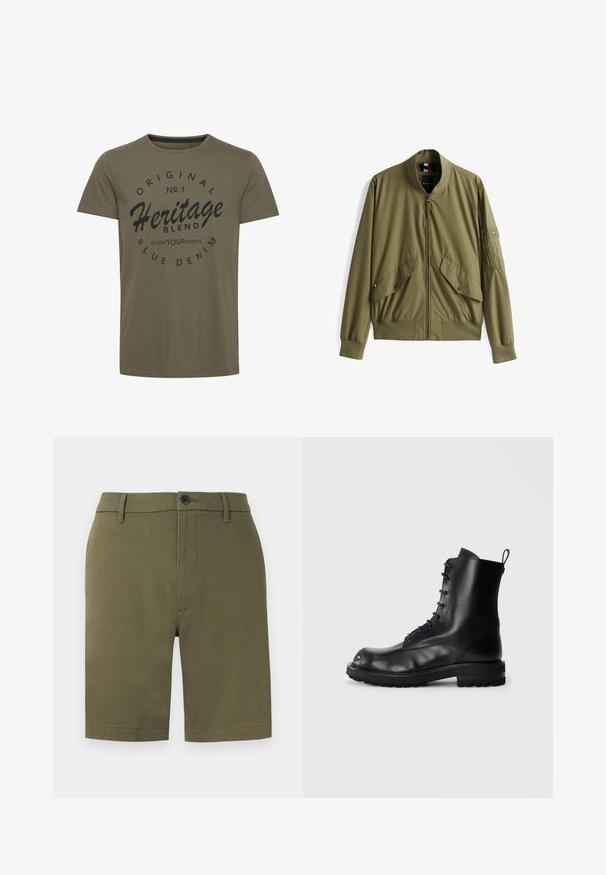 Chaqueta bomber verde oliva, tela ligera, puños y dobladillo de punto, solapas de bolsillo en el frente, bolsillos con cremallera en los laterales, parche con el logo en la manga.; Camiseta de algodón verde oliva con cuello redondo, que presenta texto impreso en negro: "Original No. 1 Heritage Blend Claim Your Rights" en un diseño circular.; Pantalones cortos para hombre de color verde oliva con trabillas para cinturón, cierre de botón y un diseño frontal limpio, mostrados sobre un fondo blanco.; Bota negra de combate de cuero con cordones, suela gruesa y lengüeta trasera, mostrada de lado sobre un fondo liso y claro.