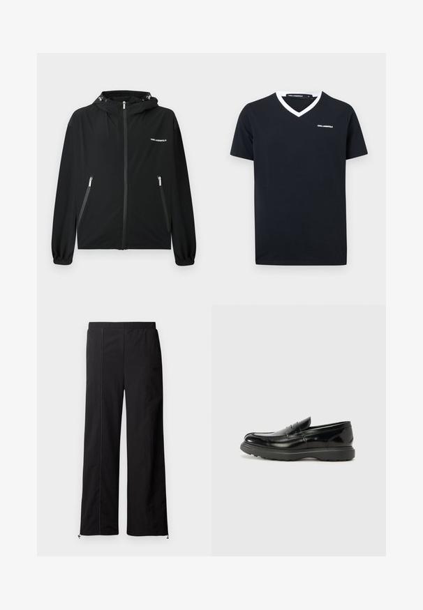 Schwarze Kapuzenjacke mit durchgehendem Frontreißverschluss, seitlichen Reißverschlusstaschen, elastischen Bündchen und kleinem weißen "KARL LAGERFELD"-Logo auf der Brust.; Schwarzes V-Ausschnitt-T-Shirt mit kurzen Ärmeln, weißen Zierstreifen und kleinem "KARL LAGERFELD"-Logo auf der Brust.; Schwarze weit geschnittene Hosen mit glatter Textur, elastischem Bund und Kordelzugverschluss an den Knöcheln. Verfügt über kontrastierende Steppnähte.; Schwarze Lederloafer mit glanzendem Finish, abgerundetem Zehenbereich, subtilen Steppnähten und einer dicken Gummisohle für Langlebigkeit.