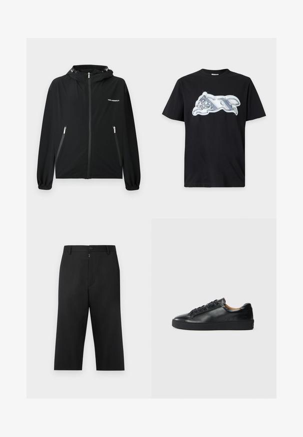 Veste noire à capuche avec fermeture éclair intégrale à l'avant, poches latérales zippées, poignets élastiques et petit logo blanc "KARL LAGERFELD" sur la poitrine.; T-shirt noir à manches courtes avec un graphisme métallique argenté brillant représentant un animal courant sur la poitrine.; Pantalon noir court en tissu lisse, avec fermeture éclair et bouton à l'avant, passants pour ceinture et poches latérales.; Baskets en cuir noir avec une texture lisse, bout rond et fermeture à lacets. Comprend une semelle en caoutchouc épaisse et un minimum de détails de marque.