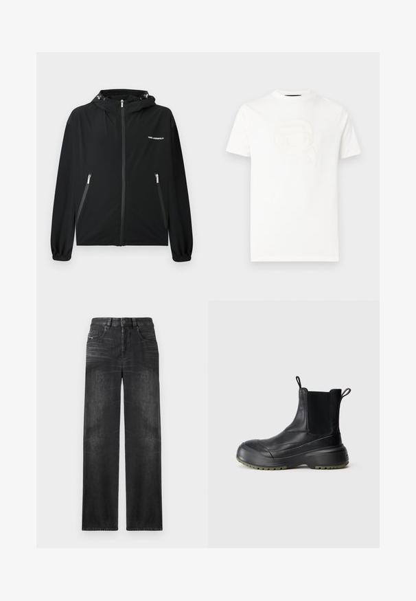 Zwarte jas met capuchon, voorzien van een ritssluiting aan de voorkant, ritssluitingen aan de zijkanten, elastische manchetten en een klein wit "KARL LAGERFELD" logo op de borst.; Wit T-shirt met korte mouwen en een reliëfafbeelding van een gestileerd gezicht met een zonnebril en een paardenstaart, met daaronder de tekst "KARL LAGERFELD".; Zwarte rechte jeans van denim, met vijf zakken, riemlussen en subtiele vervaging op de stof voor textuur.; Zwarte leren enkelboot met elastische zijpaneel, ronde neus en dikke rubberen zool met olijfgroene accenten en trekhaken.