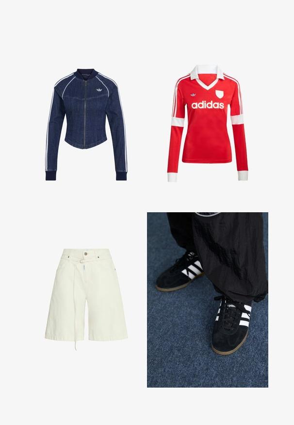 Donkerblauwe spijkerjas met ritssluiting aan de voorkant, witte strepen langs de mouwen, geribbelde kraag en manchetten, en klein Adidas-logo op de linkerborst.; Rode lange mouwen voetbalshirt met een witte kraag en manchetten. Heeft drie witte strepen op de schouders en het "adidas" logo prominent weergegeven.; Lichtbeige denim shorts met een relaxte fit, riemlussen, voorzakken en een trekkoordfunctie in de taille. Gladde textuur.; Zwarte suède sportschoenen met drie witte strepen en zwarte veters. Een gestructureerde zwarte broek is deels zichtbaar naast de schoenen.