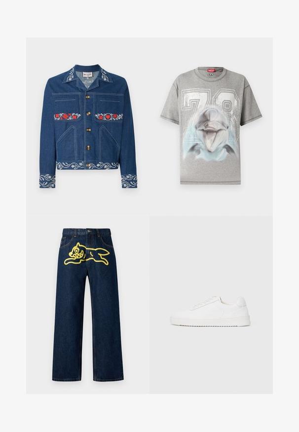 Denimjakke i mørkeblå med røde blomsterbroderier, guldknapper, brystlomme og sidelommer samt en mønstret kant.; Grå T-shirt med korte ærmer med stort hvidt "78" tryk og en detaljeret grafik af et smilende delfinhoved på forsiden.; Mørkeblå denim jeans med et stort gult grafisk motiv af en springende karakter på baglommen. Lige ben design med standard syninger.; Hvid sneaker med en glat læderoverdel, rund tå, snørebånd, teksturerede sideaccenter og en tyk gummisål. Minimalistisk design.
