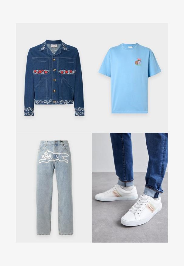 Denimjakke i mørkeblå med røde blomsterbroderier, guldknapper, brystlomme og sidelommer samt en mønstret kant.; Lyseblå t-shirt med korte ærmer lavet af bomuld, med et broderet design af blomster og en basketball på brystet.; Lyselavendel denim jeans med en lige pasform, der har et stort hvidt grafik af en kat på ryggen. Klassisk fem-lommers design.; Hvide lædersneakers med multicolore striber, snørebåndsdesign, gummisål og polstret krave, parret med blå denimjeans.