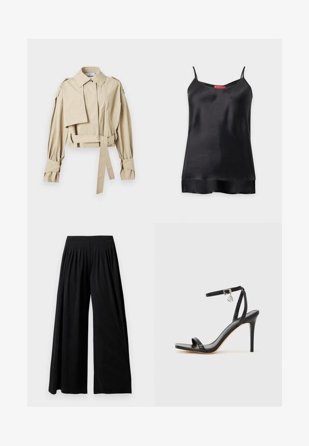 Trench-coat beige court avec large col, taille ceinturée, manches longues avec brides aux poignets et épaulettes.; Top camisole sans manches en satin noir avec fines bretelles et ourlet superposé sur fond blanc.; Pantalon noir à jambes larges, taille haute avec des plis sur le devant, présenté sur un fond blanc uni.; Sandale à talon haut noire avec une bride étroite à la cheville, bout carré, cuir lisse et accent de boucle métallique.