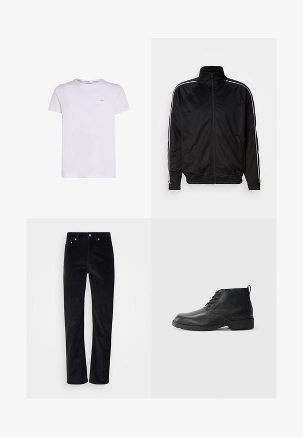 Schwarze Zip-up-Trainingsjacke mit weißen Schulterpaspeln, elastischen Bündchen und Saum sowie zwei vorderen Taschen auf einfarbigem Hintergrund.; Weißes Baumwoll-T-Shirt mit kurzen Ärmeln, Rundhalsausschnitt und einem kleinen Logo-Label auf der linken Brust, mit glatter Textur und schlichtem Design.; Schwarze Cordhosen mit geradem Schnitt. Mit einem Knopfverschluss und Fünf-Taschen-Design. Strukturierter, gerippter Stoff.; Schwarze Lederstiefel mit strukturierter Oberfläche, runder Zehenpartie, Schnürung vorne und einer robusten Gummisohle. Verfügt über eine kleine Zuglasche an der Rückseite.
