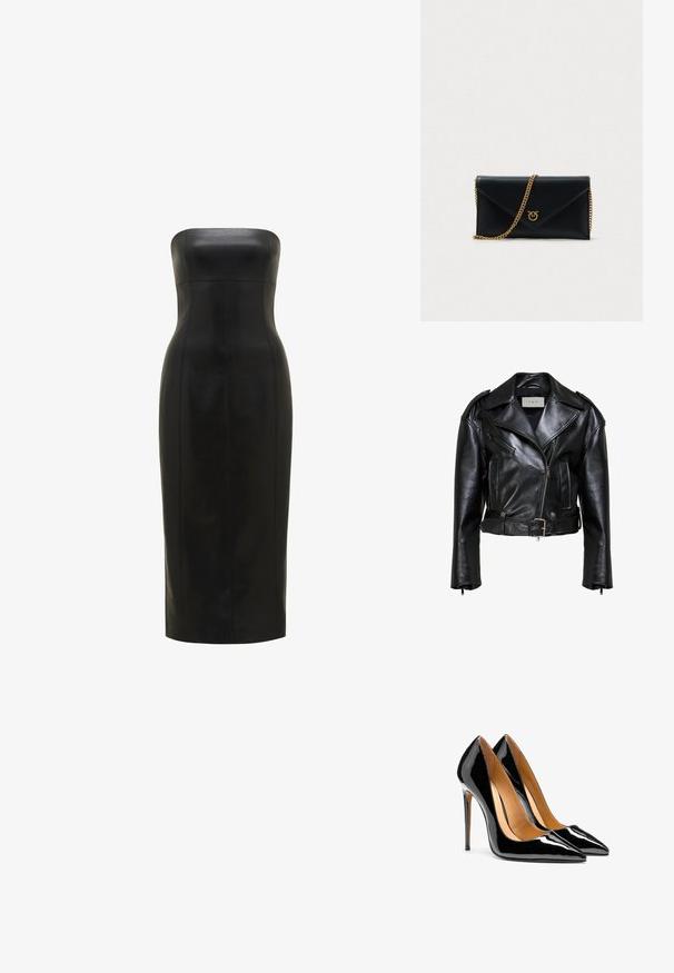 Chaqueta de cuero negra para motociclista con solapas anchas, cremallera frontal asimétrica, bolsillo en el pecho con cremallera, bolsillos laterales, cinturón en la cintura y hombreras.; Vestido de cuero negro, sin tirantes, con una silueta ajustada, de longitud hasta la rodilla, textura suave y costuras verticales para mayor definición.; Par de tacones altos de charol negro brillante con punta afilada, tacones de aguja y forro interior color beige sobre fondo blanco.; Clutch sobre de cuero negro con una cadena dorada y un emblema dorado. Presenta una textura suave y una forma estructurada.