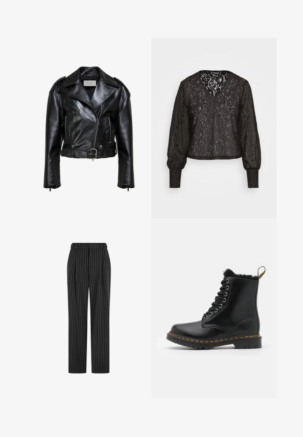 Sort læder bikerjakke med brede revers, asymmetrisk forreste lynlås, lynlåslomme på brystet, sidelommer, bælte i taljen og skulderstropper.; Pieces PCBELLA - Bluse - black; Sorte pinstripe bukser med høj talje, plisseret front og lige ben design. Stoffet ser struktureret ud og er skræddersyet til et formelt look.; Sorte læder ankelstøvler med rund tå, pelsfor, sølvøjer og gul syning langs sålen. Solid gummisål.