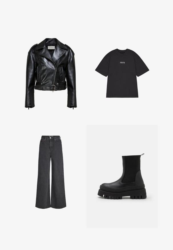 Chaqueta de cuero negra para motociclista con solapas anchas, cremallera frontal asimétrica, bolsillo en el pecho con cremallera, bolsillos laterales, cinturón en la cintura y hombreras.; Camiseta de algodón negra de manga corta, con un pequeño texto gráfico blanco que dice "PEGAIDOR PGDR" en la parte delantera. Diseño simple de cuello redondo.; Vaqueros negros de tiro alto y pierna ancha con cierre frontal de botón y cremallera, bolsillos delanteros y dobladillos deshilachados.; Botas negras hasta el tobillo con un upper de piel lisa, paneles laterales elásticos y una suela de goma gruesa con surcos profundos para mejor tracción.