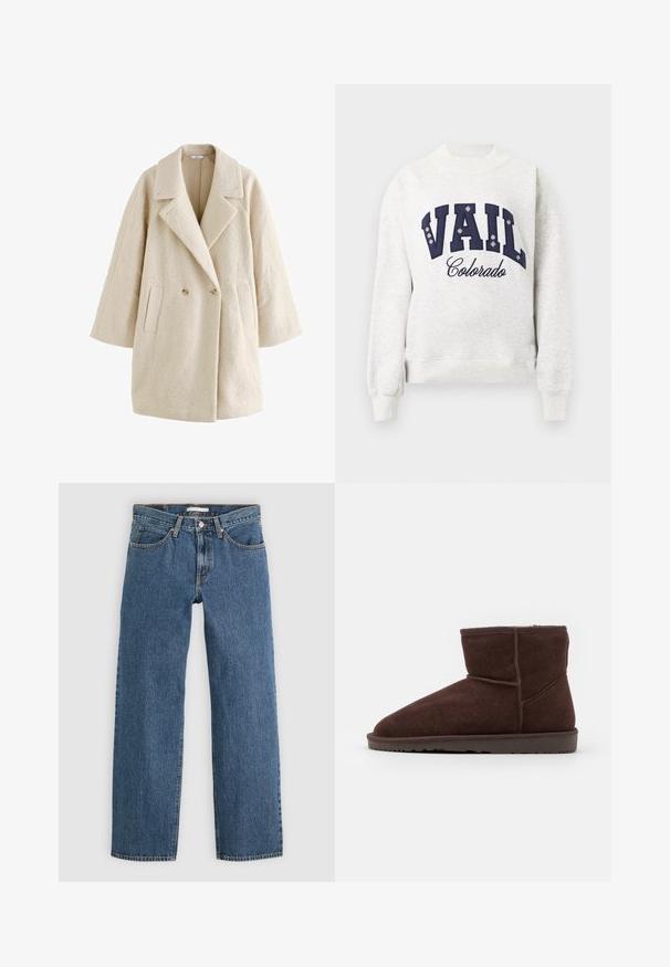 Dobbeltbrystet beige frakke med en blød, tekstureret overflade, store klapper og sidelommer. Har guldtonede knapper til lukning.; Grå sweatshirt med ribkanter ved ærmer og kant. Har marineblå blokbogstaver, der staver "VAIL" og "Colorado" i kursiv, fremhævet med hvide detaljer.; Blå denim jeans med lige pasform, der har fem lommer, knaplukning og kontrastsyninger langs sømmene.; Brune ruskindsankelstøvler med en afrundet tå og blødt indre for, der har en flad gummisål og tonale stikninger.