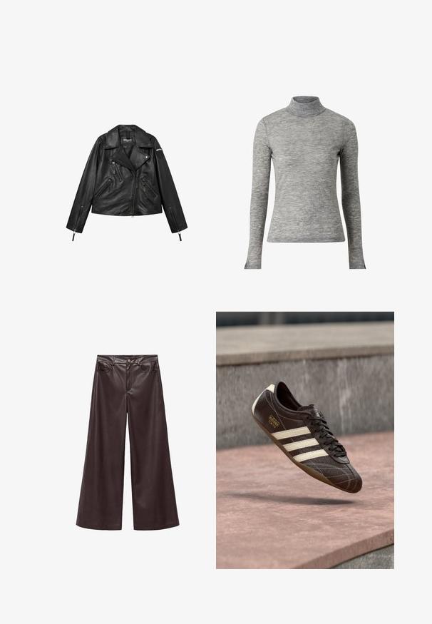 Sort læder bikerjakke med asymmetrisk frontlynlås, flere lynlåslommer og Blauer-logo på den øverste ærme.; Grå langærmet turtleneck top lavet af blødt, tekstureret stof med en tætsiddende pasform og sideslidser i kanten for øget bevægelighed.; Brune faux læder wide-leg bukser med høj talje, der har forlommer og klassisk knaplukning. Glat tekstur og mat finish.; Brun lædersneaker med hvide tre striber, tekstureret overflade, snørelukning og brun gummisål. Har prægede logo på siden.