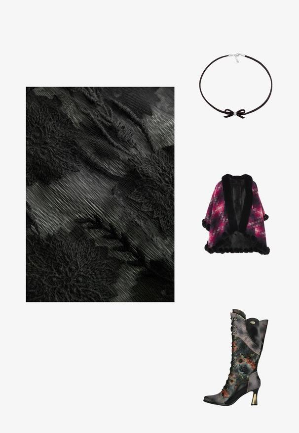 Rutet poncho i nuancer af pink og sort, med en blød faux fur krave og kant, samt pom-pom detaljer. Tekstureret stof med livlige mønstre.; Sort gennemsigtigt stof med store broderede blomster-mønstre og teksturerede detaljer, der skaber et lagdelt, delikat design.; Dame sort læder høje hæle snørebånd støvle med præget blomster mønstre og flerfarvet blomsterprint på skaftet og foden.; Sort suedebånd med en lille central sølvperle og en sløjfedetalje, der har en simpel lås med en justerbar kæde.
