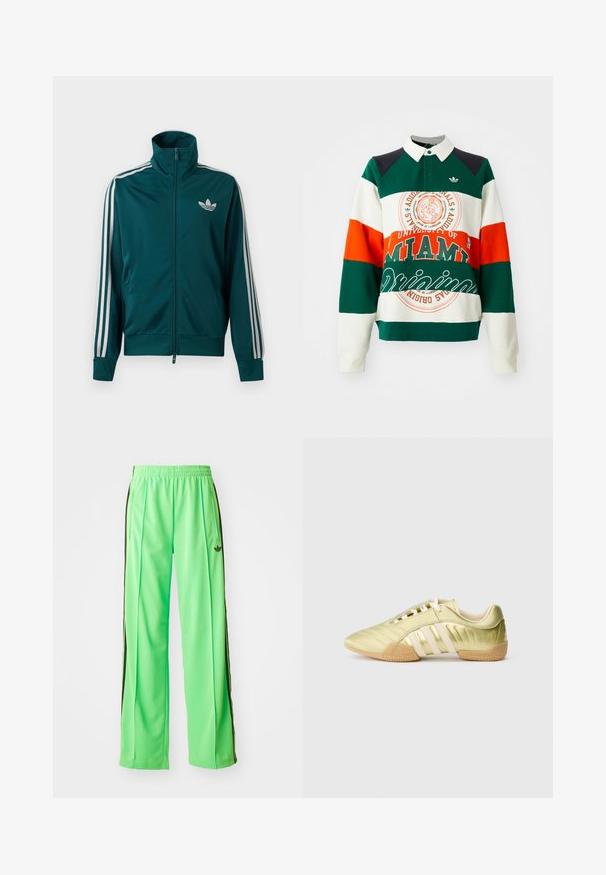 Teal lynlås træningsjakke med høj krave, hvid Adidas trefoil-logo på brystet og tre hvide striber ned ad hver ærme.; Grøn, hvid og orange stribet sweatshirt med krave. Har et University of Miami-logo og tekst samt et Adidas trefoil-emblem.; Grønne atletiske bukser lavet af glat, let materiale, med sorte sidestriber og et broderet logo på fronten.; Limegrøn syntetisk sportssko med en glat tekstur, der har tre hvide striber, en blød indvendig foring og en tekstureret gummiydersål.