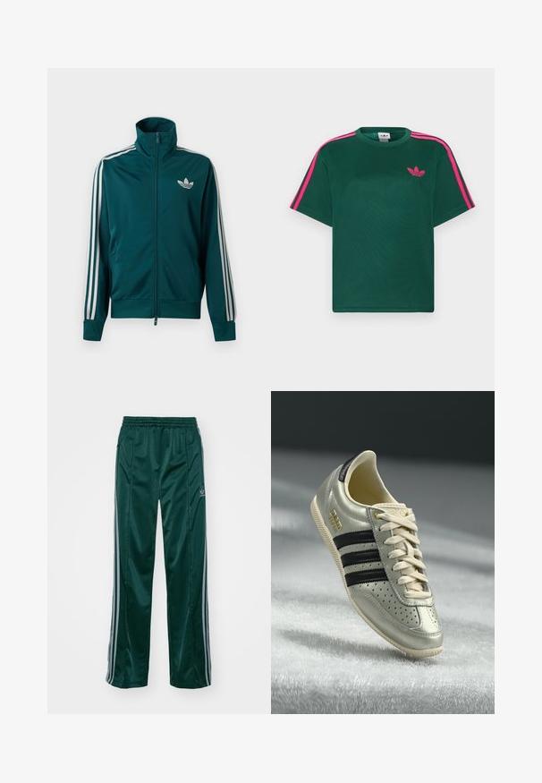 Chaqueta deportiva con cremallera en color azul verdoso, con cuello alto, logo blanco de Adidas trefoil en el pecho y tres franjas blancas en cada manga.; Camiseta verde de manga corta con franjas rosas brillantes en los hombros y el logotipo de trébol de Adidas en el pecho.; Pantalones deportivos de color verde oscuro, hechos de un material brillante, con franjas laterales en gris claro y un logotipo bordado en la pierna izquierda.; Zapatilla de cuero gris claro con franjas negras, detalles perforados, cordones beige y un parche de logo dorado. Suela de goma texturizada.