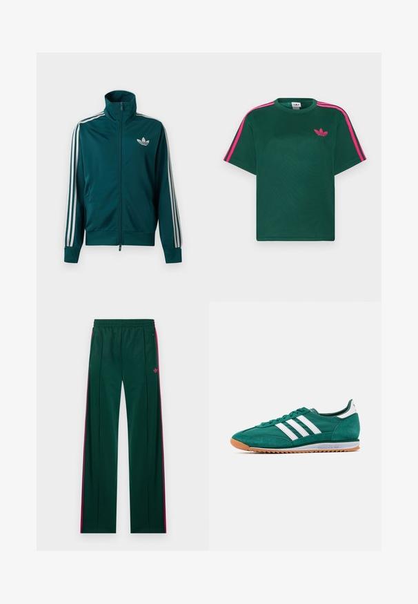 Teal lynlås træningsjakke med høj krave, hvid Adidas trefoil-logo på brystet og tre hvide striber ned ad hver ærme.; Grøn kortærmet t-shirt med lyserøde striber på skuldrene og Adidas trefoil-logo på brystet.; Mørkegrønne træningsbukser med lyserøde sidelister, lynlåslommer, elastisk taljebånd og lille lyserødt Adidas-logo på højre side.; Grøn ruskinds sneakers med hvide striber, rund tå, gummisål og teksturerede detaljer. Har en polstret krave og snørebånd foran.