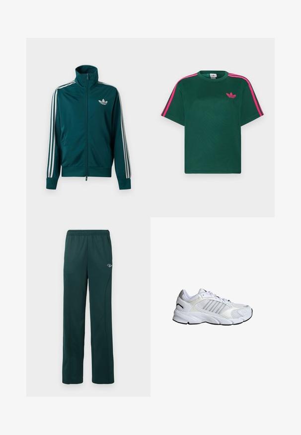 Tealfarbene Trainingsjacke mit Reißverschluss und hohem Kragen, weißes Adidas Trefoil-Logo auf der Brust und drei weiße Streifen an jedem Ärmel.; Grünes T-Shirt mit kurzen Ärmeln, leuchtend pinken Streifen auf den Schultern und Adidas-Trefoil-Logo auf der Brust.; Dunkelgrüne Sweatpants aus weichem Stoff, mit einem elastischen Bund und Seitennähten, versehen mit einem kleinen Logo auf der Vorderseite.; Weißer Sportschuh aus atmungsaktivem Mesh und synthetischen Materialien, mit drei silbernen Streifen, strukturiertem Gummisohle und gepolstertem Kragen.