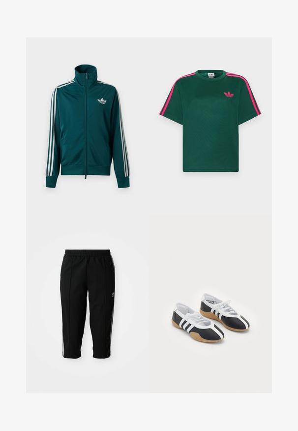 Teal lynlås træningsjakke med høj krave, hvid Adidas trefoil-logo på brystet og tre hvide striber ned ad hver ærme.; Grøn kortærmet t-shirt med lyserøde striber på skuldrene og Adidas trefoil-logo på brystet.; Sorte træningsbukser med elastisk talje, sidelommer med lynlås og hvide accentstriber langs sømmene. Lavet af et glat og holdbart materiale.; Sort-hvide sportsko med et slankt design, gummisål, snørebåndslukning og tre hvide striber på siden.