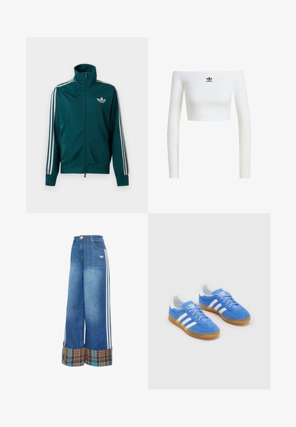 Tealkleurige trainingsjas met rits en hoge kraag, wit Adidas trefoil-logo op de borst en drie witte strepen langs elke mouw.; Witte off-shoulder crop top van ribstof, met lange mouwen en een klein zwart Adidas-logo aan de voorkant.; Wijd uitlopende spijkerbroek in lichtblauw, met witte zijstrepen en een bruine geruite omslag. Gemaakt van een zachte, gestructureerde stof.; Blauwe suède sportschoenen met witte gestreepte accenten, rubberen zool en een gevoerde kraag voor comfort. Beschikt over een klassiek vetersluiting ontwerp.