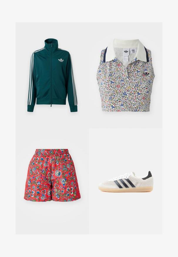 Tealkleurige trainingsjas met rits en hoge kraag, wit Adidas trefoil-logo op de borst en drie witte strepen langs elke mouw.; Bloemige crop top met een witte basis en blauwe, rode en gele bloemen. Inclusief een witte kraag met marineblauwe accenten en een geborduurd logo.; Rode bloemen shorts met een elastische tailleband. Beschikt over blauw en groen bloemenpatronen, een zachte textuur en een relaxte pasvorm.; Witte sneakers van mesh met een zwart ontwerp van drie strepen, een ronde neus en een rubberen gumzool. Voorzien van een zachte hielkraag en een vetersluiting.