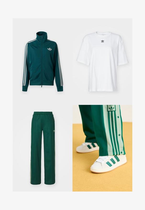 Chaqueta deportiva con cremallera en color azul verdoso, con cuello alto, logo blanco de Adidas trefoil en el pecho y tres franjas blancas en cada manga.; Camiseta blanca de manga corta hecha de algodón. Cuenta con un cuello redondo y un pequeño logo negro de Adidas en el pecho. Dobladillo recto.; Pantalones deportivos de color verde oscuro con un corte relajado, que cuentan con una cintura con cordón, bolsillos laterales y franjas color crema a lo largo de los costados.; Zapatillas blancas con rayas verdes, suela de goma y parte superior texturizada, combinadas con pantalones de chándal verdes que tienen rayas laterales de un verde más claro y botones a presión.