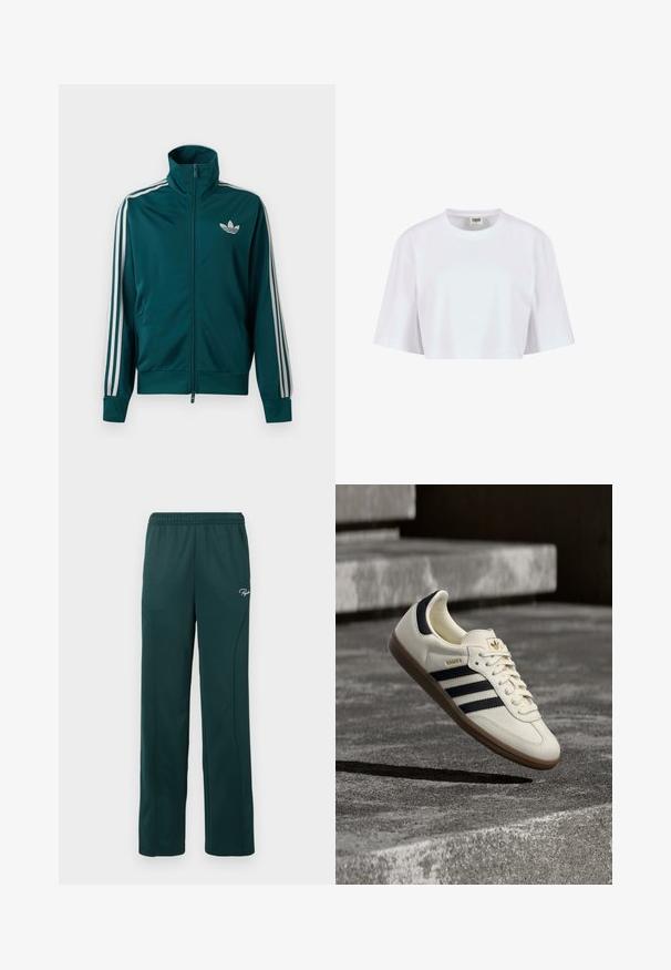 Chaqueta deportiva con cremallera en color azul verdoso, con cuello alto, logo blanco de Adidas trefoil en el pecho y tres franjas blancas en cada manga.; Camiseta corta blanca hecha de algodón suave. Presenta un escote de cuello redondo y mangas cortas con un corte relajado, sin patrones ni herrajes visibles.; Pantalones de chándal verde oscuro hechos de una tela suave, con una cintura elástica y costuras laterales, y un pequeño logo en la parte delantera.; Zapatilla blanca Adidas Samba con franjas negras y suela de goma, flotando sobre escalones de hormigón gris texturizado.