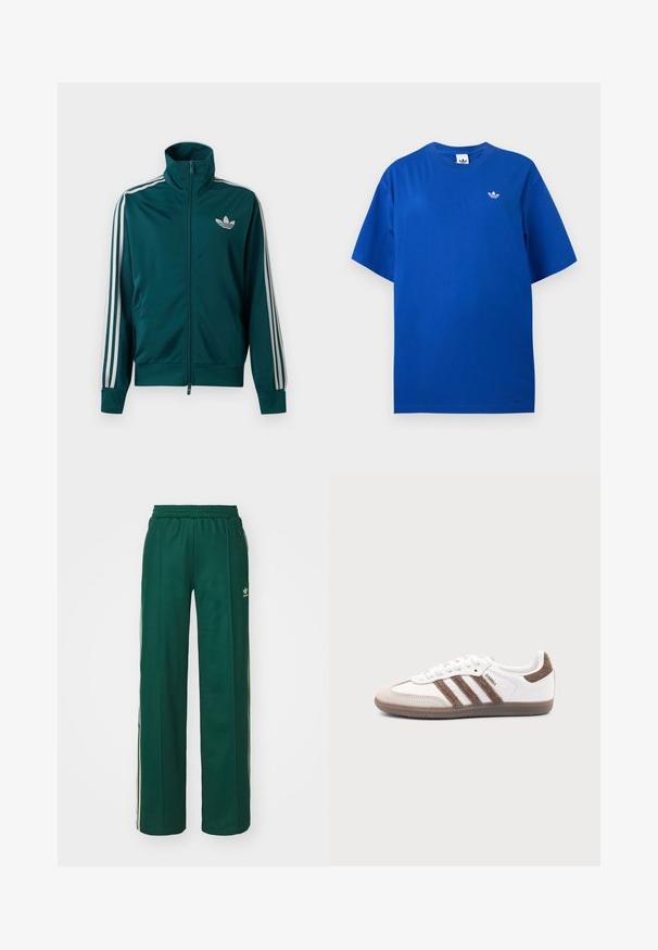Petrolejová športová bunda na zips s vysokým golierom, bielym logom Adidas trefoil na prsiach a tromi bielymi pruhmi na každom rukáve.; Modré tričko Adidas s krátkym rukávom a okrúhlym výstrihom, s malým bielym logom Adidas trefoil na ľavej strane hrudníka.; Tmavohnedé športové nohavice s voľným strihom, s nastaviteľným pásom na šnúrku, postrannými vreckami a smotanovými pruhmi po stranách.; Biele tenisky Adidas Samba s hnedými semišovými pruhmi, hnedou gumovou podrážkou a béžovým semišovým špicom, zobrazené z vonkajšej strany na jednofarebnom pozadí.