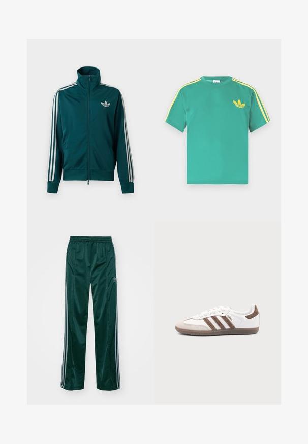 Türkiissinine lukuga jope kõrge kraega, valge Adidas trefoil logo rinnal ja kolm valget triipu igal varrukal.; Roheline puuvillane T-särk lühikeste varrukatega, kollaste triipudega õlgadel ja rinnal tikitud kolmelehine logo.; Tumedad roheline sportpants, mis on valmistatud läikivast materjalist, külgedel on heledates hallides triipudes ja vasakul jalal on broderdatud logo.; Valge Adidas Samba toss pruunide seemisnahast triipude, pruuni kummist tallaga ja beežika seemisnahast varbakattaga, kujutatud välisküljelt ühevärvilise tausta peal.