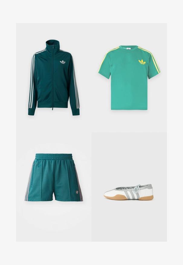 Türkiissinine lukuga jope kõrge kraega, valge Adidas trefoil logo rinnal ja kolm valget triipu igal varrukal.; Roheline puuvillane T-särk lühikeste varrukatega, kollaste triipudega õlgadel ja rinnal tikitud kolmelehine logo.; Teal sportlikud lühikesed püksid elastse vöökohtaga, millel on roosa ja valge triibuline külgaktsent, ning tõmblukuga küljetaskud. Logo alläärmisel.; Valged ja hallid baleriinakingad ümara varbaga ja elastse paelaga, millel on kolm halli triipu ning beež kummist tald.