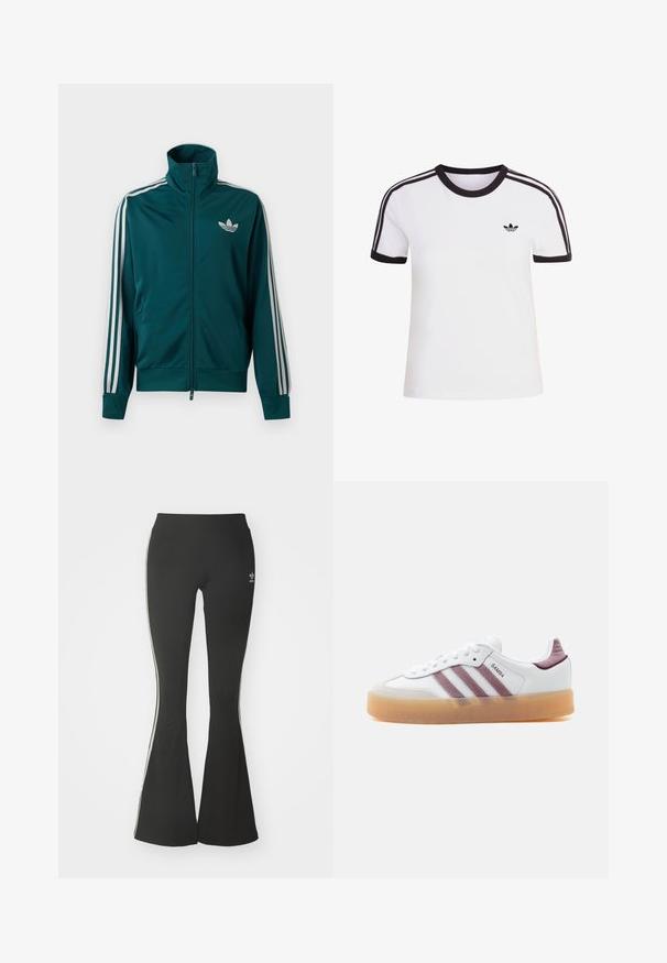 Veste de sport zippée bleu sarcelle avec col montant, logo blanc Adidas trefoil sur la poitrine, et trois bandes blanches sur chaque manche.; T-shirt blanc à manches courtes avec des accents noirs, dotée d'un col rond et de trois bandes noires sur chaque épaule. Petit logo noir sur la poitrine.; Leggings évasés noirs en tissu extensible, dotés d'une taille haute et de rayures blanches sur les côtés. Comprend un petit logo à la taille.; Baskets basses blanches avec semelle en gomme marron, bandes en suède mauve et accents au talon, portant la mention "SAMBA" sur le panneau latéral.