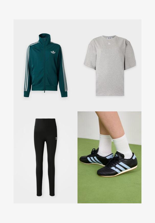 Tealkleurige trainingsjas met rits en hoge kraag, wit Adidas trefoil-logo op de borst en drie witte strepen langs elke mouw.; Lichtgrijs Adidas T-shirt met korte mouwen, ronde hals en klein wit Adidas-logo op de borst, weergegeven op een effen achtergrond.; Zwarte legging van rekbaar materiaal met een hoge taille, voorzien van een klein wit Adidas-logo op het linkerbeen. Gladde textuur.; Zwarte leren sportschoenen met lichtblauwe strepen, gemêleerde bovenkant en rubberen zolen, gecombineerd met witte geribde sokken op groene vloer.