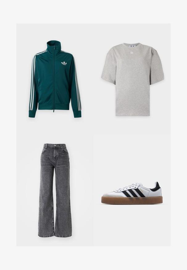 Tealkleurige trainingsjas met rits en hoge kraag, wit Adidas trefoil-logo op de borst en drie witte strepen langs elke mouw.; Lichtgrijs Adidas T-shirt met korte mouwen, ronde hals en klein wit Adidas-logo op de borst, weergegeven op een effen achtergrond.; Wijde grijze denim broek met een hoge taille, voorzien van traditionele vijf-pocket styling en een subtiele vervaagde afwerking.; Witte leren sneakers met zwarte strepen, gumrubberen buitenzool, ronde neus, vetersluiting en een zachte grijze suède neuskap.