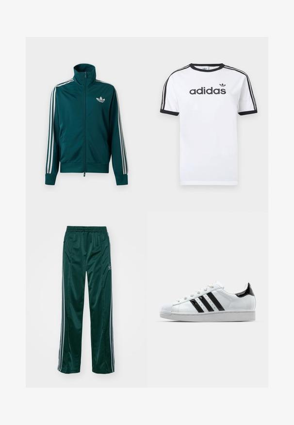 Tealkleurige trainingsjas met rits en hoge kraag, wit Adidas trefoil-logo op de borst en drie witte strepen langs elke mouw.; Wit katoenen T-shirt met zwarte accenten, voorzien van een ronde hals, korte mouwen, drie zwarte strepen op de schouders en het "adidas"-logo in het zwart.; Donkergroene sportbroeken van glanzend materiaal, met zijstrepens in lichtgrijs en een geborduurd logo op het linkerbeen.; Witte sneaker met zwarte gepatineerde accenten, drie zwarte strepen en een rubberen neuzenkap. Voorzien van witte veters en een gladde bovenkant.
